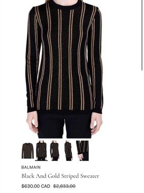 Balmain Black Crewneck Sweater with Metallic Gold Vertical Stripes size 36